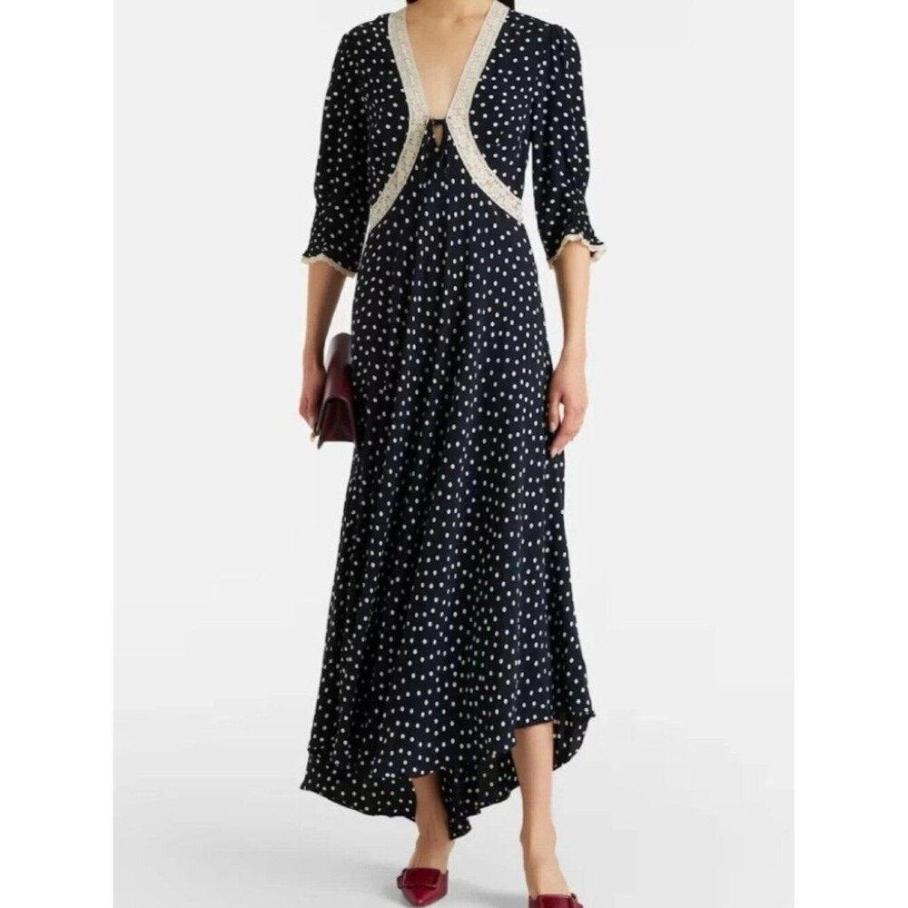 Rixo Amina Polka Dot Crepe Midi Dress Lace Asymmetrical Puff Sleeves L-12 290228